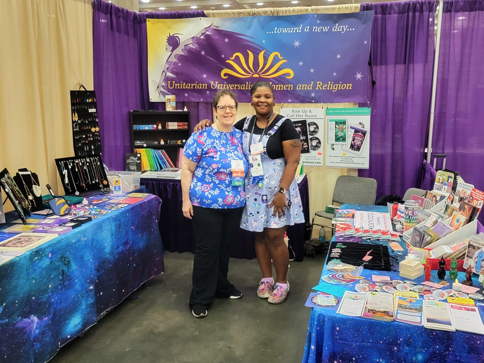 UUWR Treasurer Gretchen and Co-Convener Nyx at GA2025